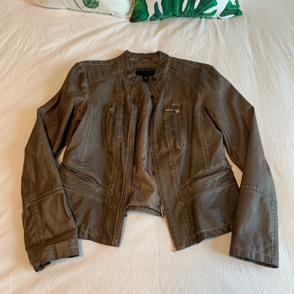 Brown faux-leather bomber jacket